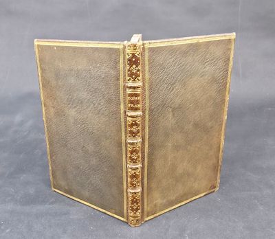an old book with a gold cover and gold trim on a gray background