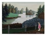 a painting of a woman walking a dog on a leash