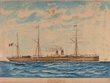 peinture représentant un bateau sur l'eau, arborant un drapeau