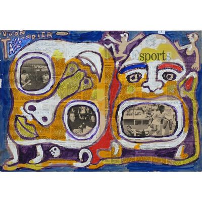 une peinture représentant un livre sur lequel figure l'image d'un homme et d'une femme