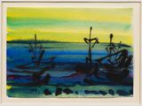 une peinture représentant des bateaux sur l'eau, avec le ciel en arrière-plan