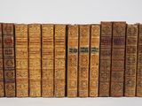 plusieurs vieux livres sont alignés sur une surface blanche