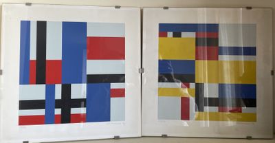 two framed pictures of different colors and shapes on the wall