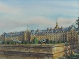 a painting of a castle with a cannon on the wall