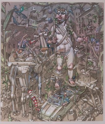 une image représentant un dessin d'un homme debout au sommet d'un tas de vieilleries