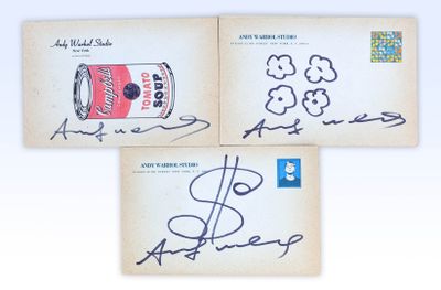 three signed autographs of a can of soup and a can of beer
