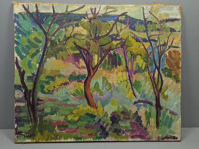 une peinture à l'huile représentant un paysage avec des arbres et des buissons au premier plan