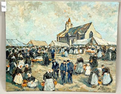 un tableau représentant un groupe de personnes debout devant une église