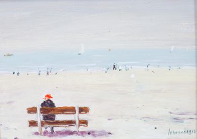 un tableau représentant une personne assise sur un banc à la plage