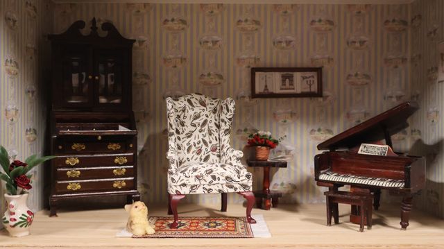 Diorama. Composition miniature, dans une vitrine en bois, vitre e...