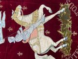 a painting of a man riding a horse with a crown on it