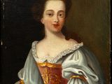 an old painting of a woman in a blue dress with a red and gold dress