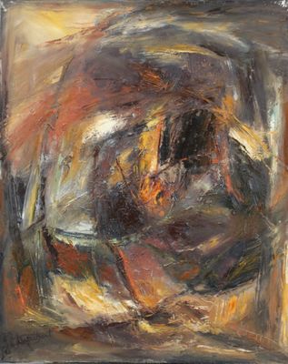 une peinture abstraite représentant un cheval, dans un cadre carré