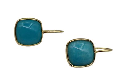 a pair of gold and turquoise stone earrings on a white background