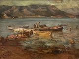 a painting of a group of boats on the water
