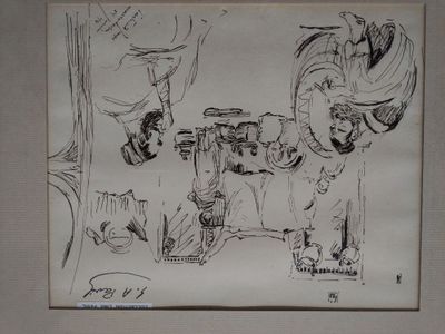 a black and white drawing of a man and a dog