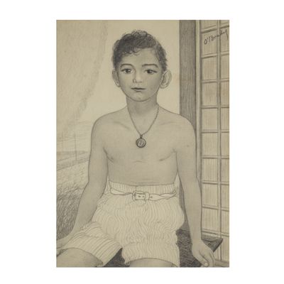 drawing of a young boy sitting in front of a window with a necklace on his neck