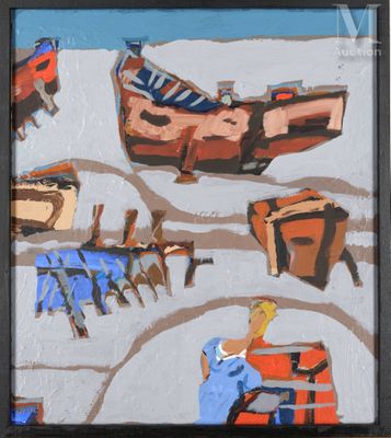 un tableau représentant une femme assise sur un banc devant des bateaux