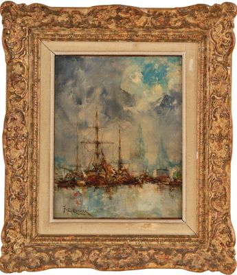 une peinture représentant un bateau sur l'eau, avec des nuages en arrière-plan