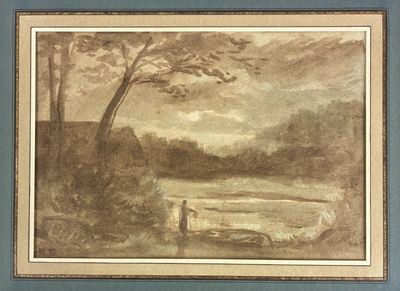 dessin représentant un paysage avec une rivière et un bateau au premier plan