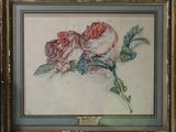 une image représentant un tableau de deux roses dans un cadre doré