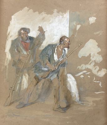 tableau représentant deux hommes armés et un chien devant un tableau