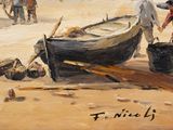 a painting of a boat on the beach with people around it