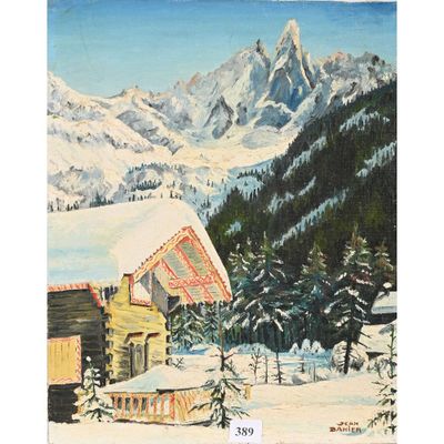 painting of a cabin in the snow with mountains in the background