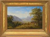 an oil painting of a landscape with cattle grazing in the foreground