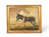 an oil painting of a donkey in a field by a fence
