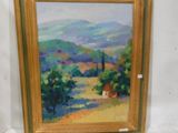 une peinture à l'huile représentant un paysage avec des collines et des arbres, dans un cadre doré
