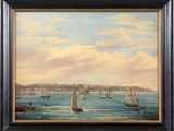 an oil painting of a harbor scene with sailboats in the water and a city in the distance