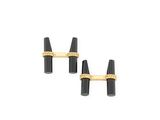 a pair of black and gold cufflinks on a white background