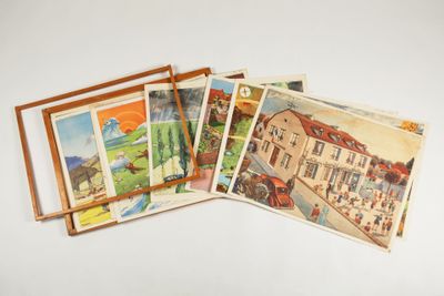 quatre cartes postales représentant une maison, une voiture, une maison et un parcours de golf