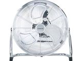 une image représentant un ventilateur blanc posé sur un support métallique, sur fond blanc