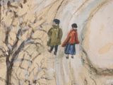painting of two children walking down a snowy road in the woods