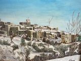 tableau représentant un village sous la neige, avec des bâtiments et des arbres au premier plan