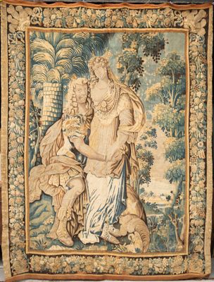 une image représentant une tapisserie accrochée au mur, sur laquelle figurent un homme et une femme