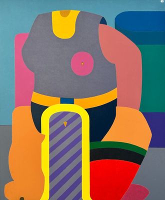 a painting of a man sitting on a chair with a skateboard in front of him