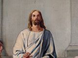a painting of jesus sitting at a table with a group of people