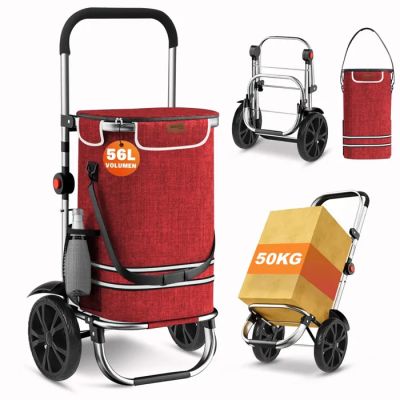 un caddie rouge avec un carton dessus et un caddie avec un carton dessus