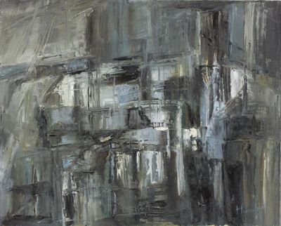 abstract painting of a cityscape with buildings in the background