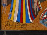 a picture of a painting of a woman and a dog on the beach