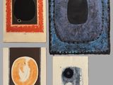 four different colored prints of different shapes and sizes on a gray surface