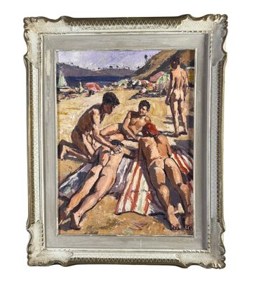 an image of a painting of a group of people on a beach
