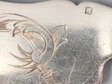 a close up of a silver plate with a fish on it