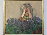 une peinture à l'huile représentant une femme en robe blanche dans un jardin