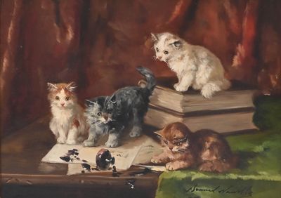 a painting of a group of cats sitting on a book