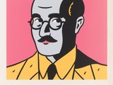 an image of a painting of a man wearing glasses and a yellow shirt
