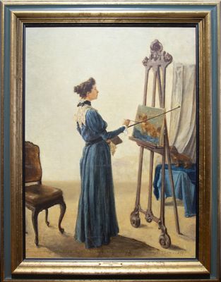 tableau représentant une femme en robe bleue en train de peindre un tableau sur un chevalet
